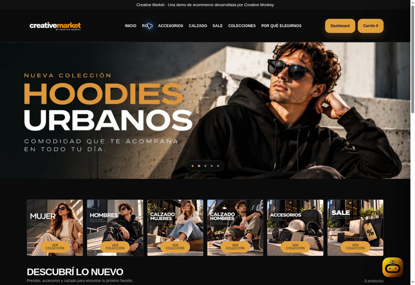 Creative Market: portada con la colección Hoodies Urbanos, categorías de productos y acceso al asistente de la tienda.