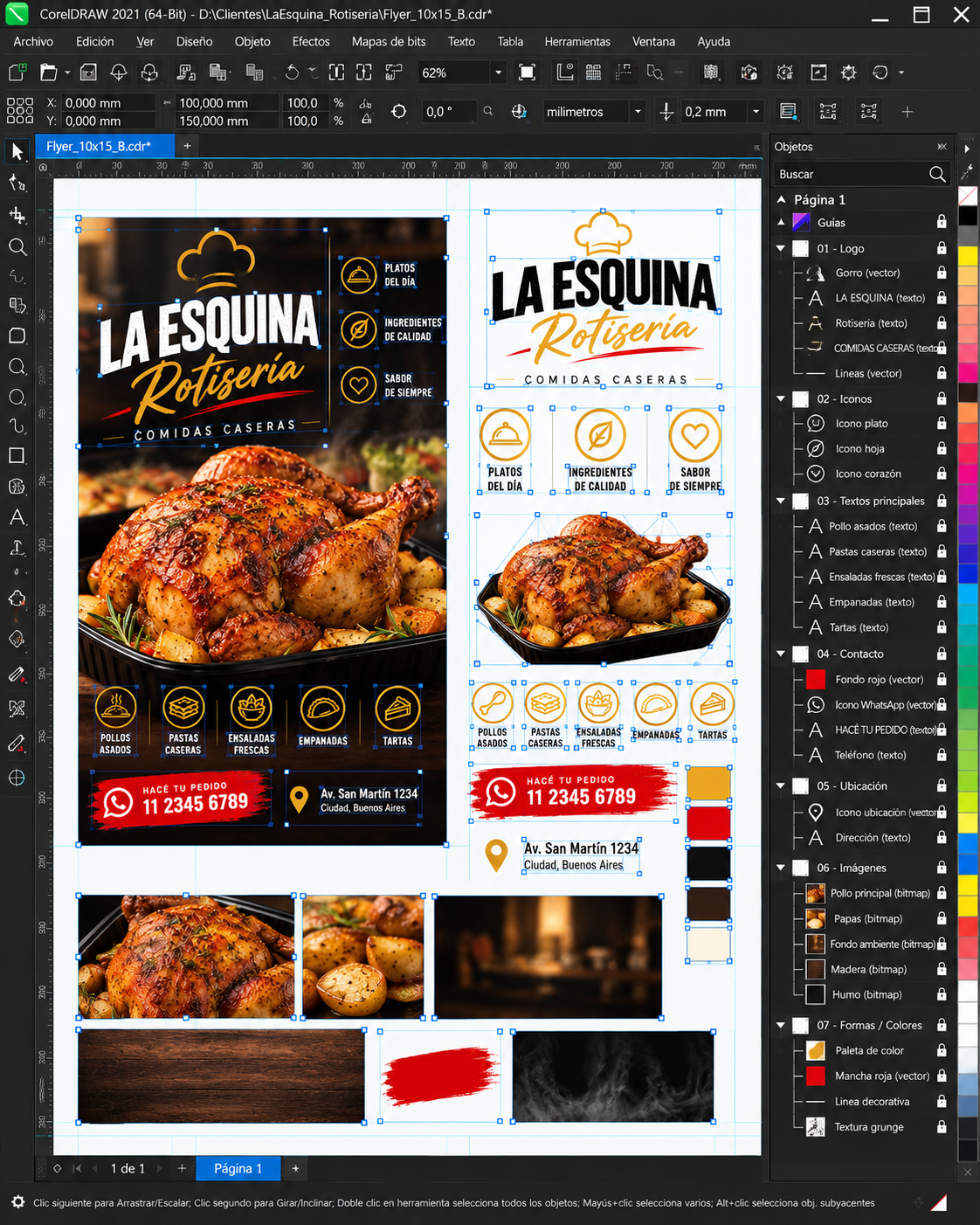 Flyer para la rotisería La Esquina: diseño y variantes.