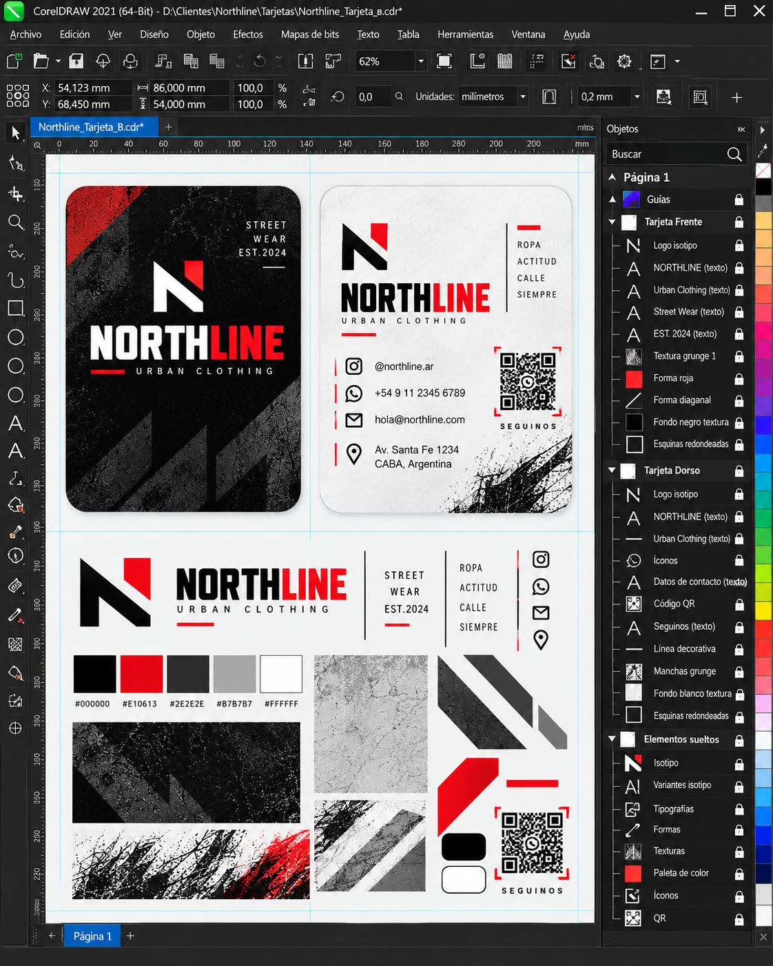 Tarjetas Northline: diseño de frente, dorso y aplicaciones.